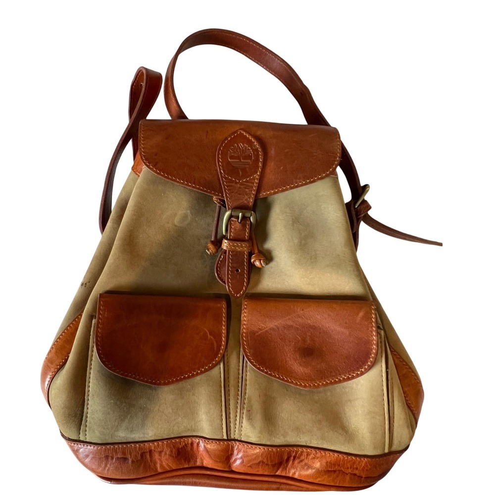 Timberland Rucksack Backpack Unisex Medium Tan Brown Good 90s Leather Nubuck USA